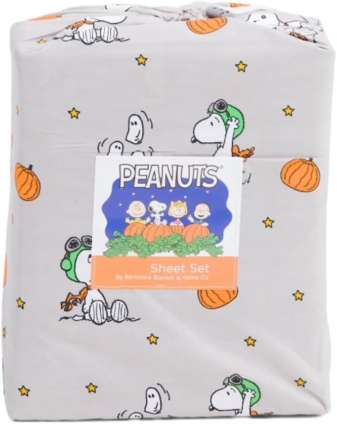 Berkshire Blanket Peanuts Halloween Fall Themed Sheet Sets (Red Baron with Ghosts, Queen)