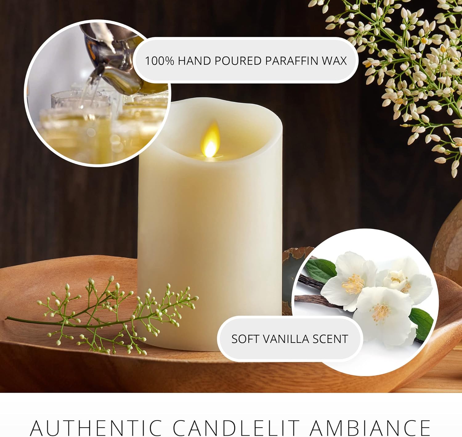 Luminara Scalloped Edge Flameless LED Candle, Ivory, 3" x 5", Battery Operated, Moving Flame, Real Wax Pillar with Timer, Vanilla Honey Scented