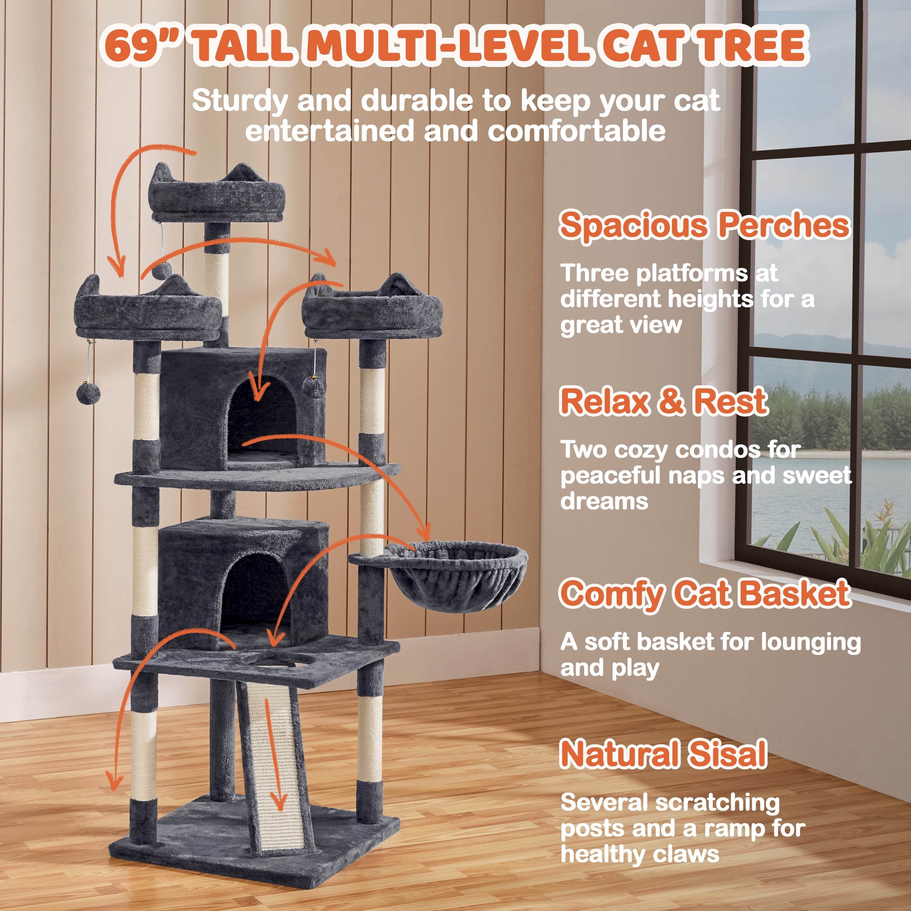 Renwick 69in Large Cat Tree Tower with Condos &amp; Scratching Board - Dark Gray