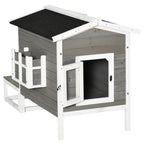 Weatherproof Outdoor Cat House with Porch & Escape Door - Feral Cat Shelter with Plant Stand | Dark Grey/White Wood Construction