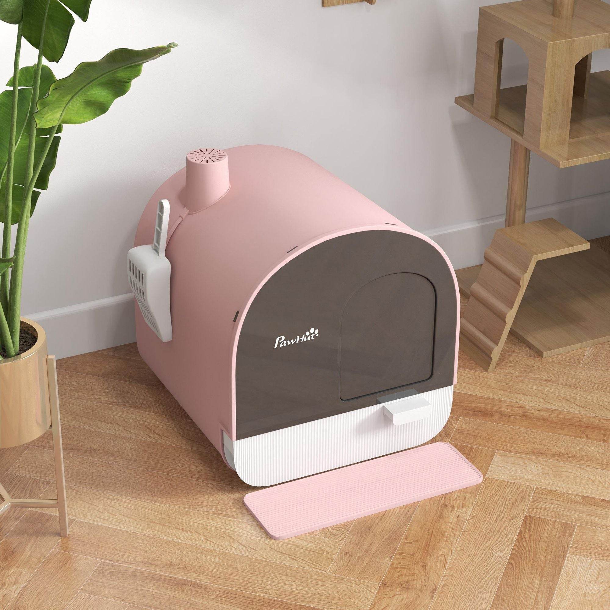 Pink Covered Cat Litter Box with Odor Filter - Complete Privacy Kit with Tray, Scoop & Mat | Compact Hooded Litter House