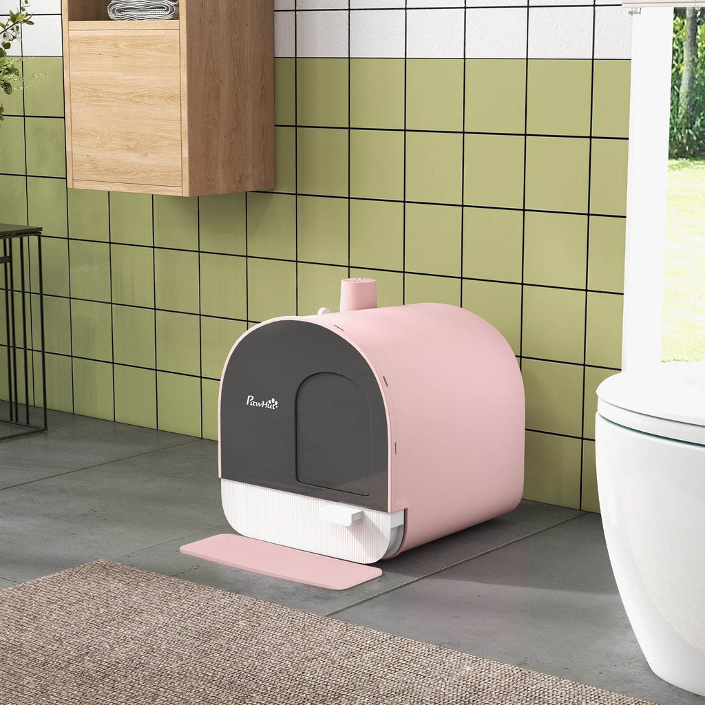 Pink Covered Cat Litter Box with Odor Filter - Complete Privacy Kit with Tray, Scoop & Mat | Compact Hooded Litter House
