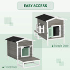 Weatherproof Outdoor Cat House with Porch & Escape Door - Feral Cat Shelter with Plant Stand | Dark Grey/White Wood Construction