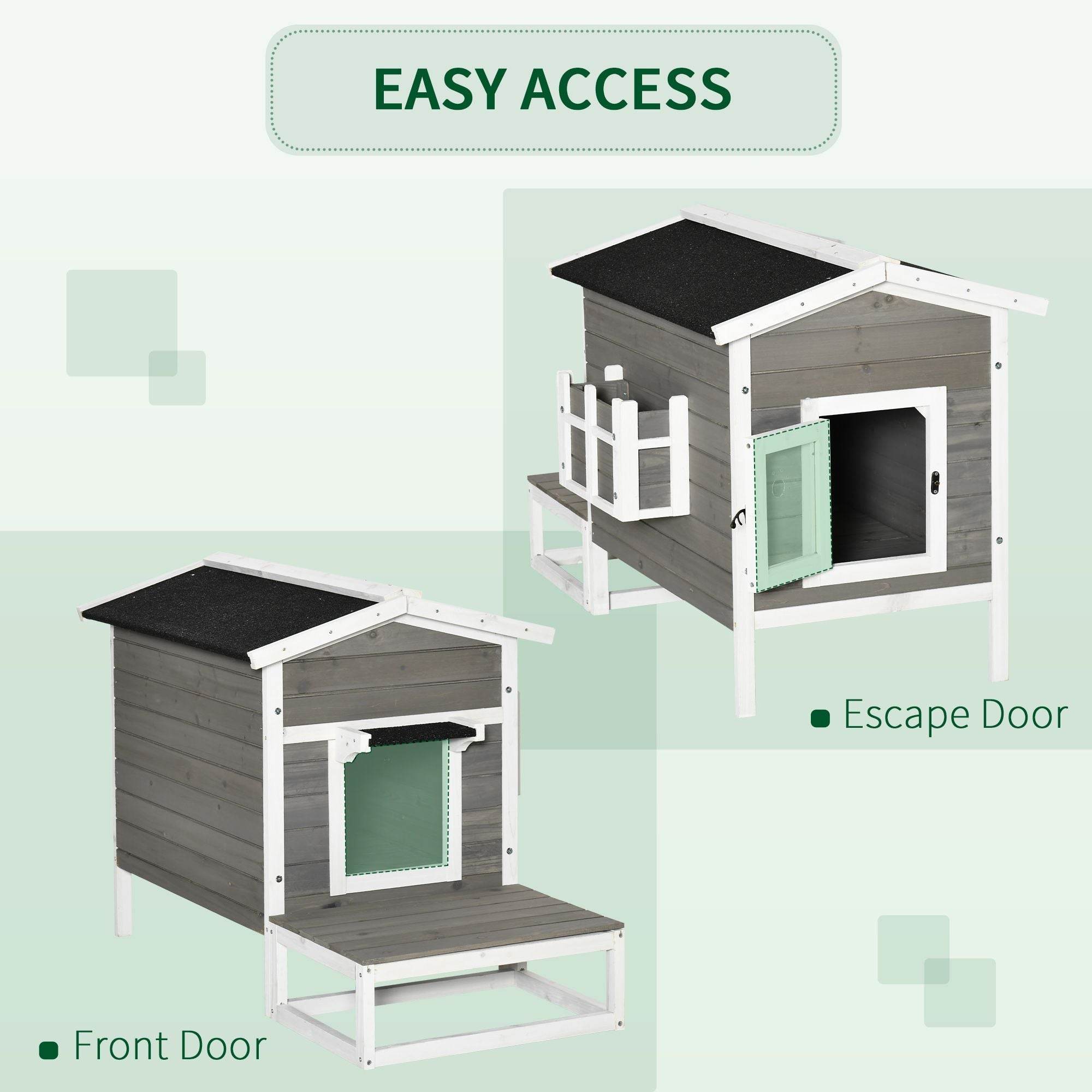 Weatherproof Outdoor Cat House with Porch & Escape Door - Feral Cat Shelter with Plant Stand | Dark Grey/White Wood Construction