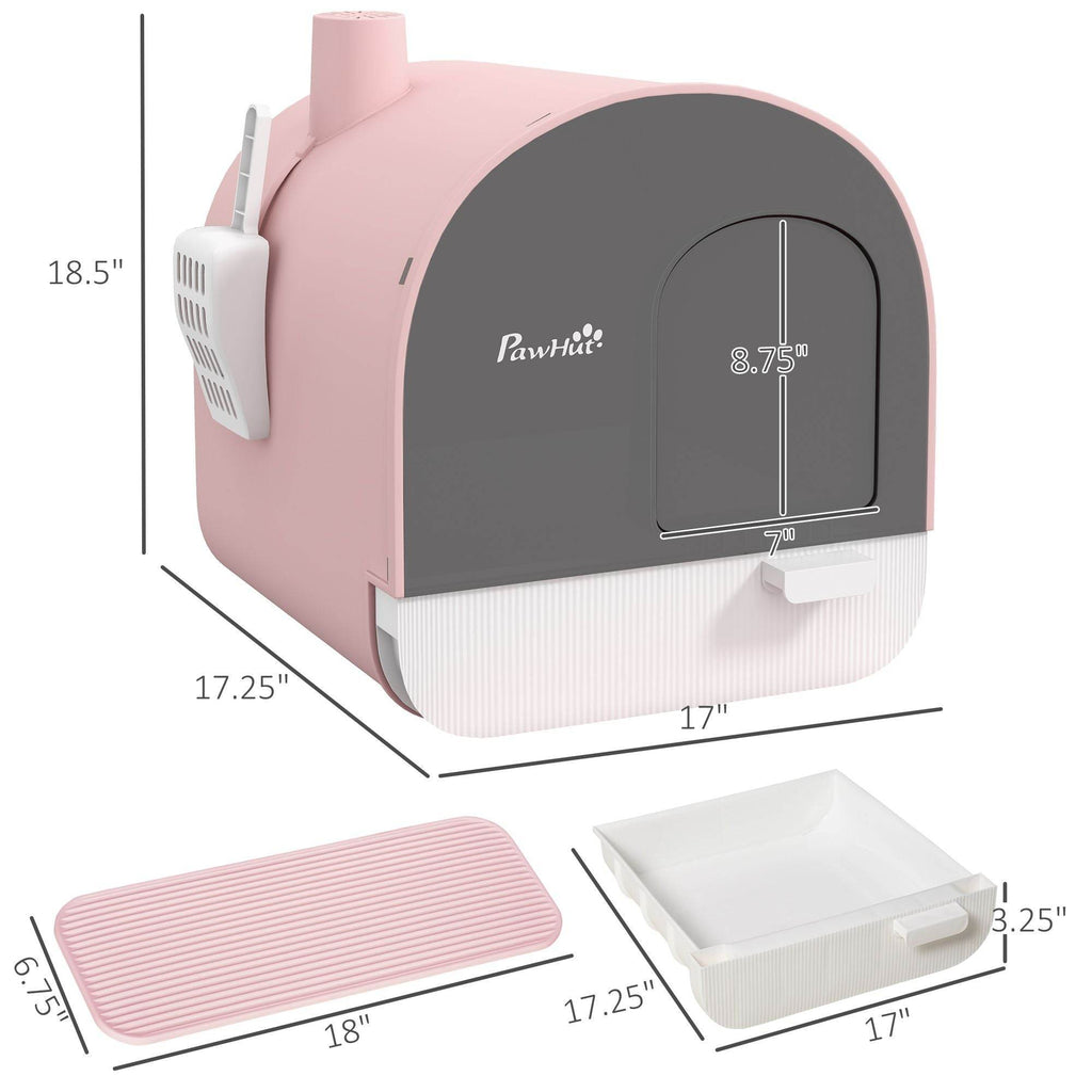 Pink Covered Cat Litter Box with Odor Filter - Complete Privacy Kit with Tray, Scoop & Mat | Compact Hooded Litter House
