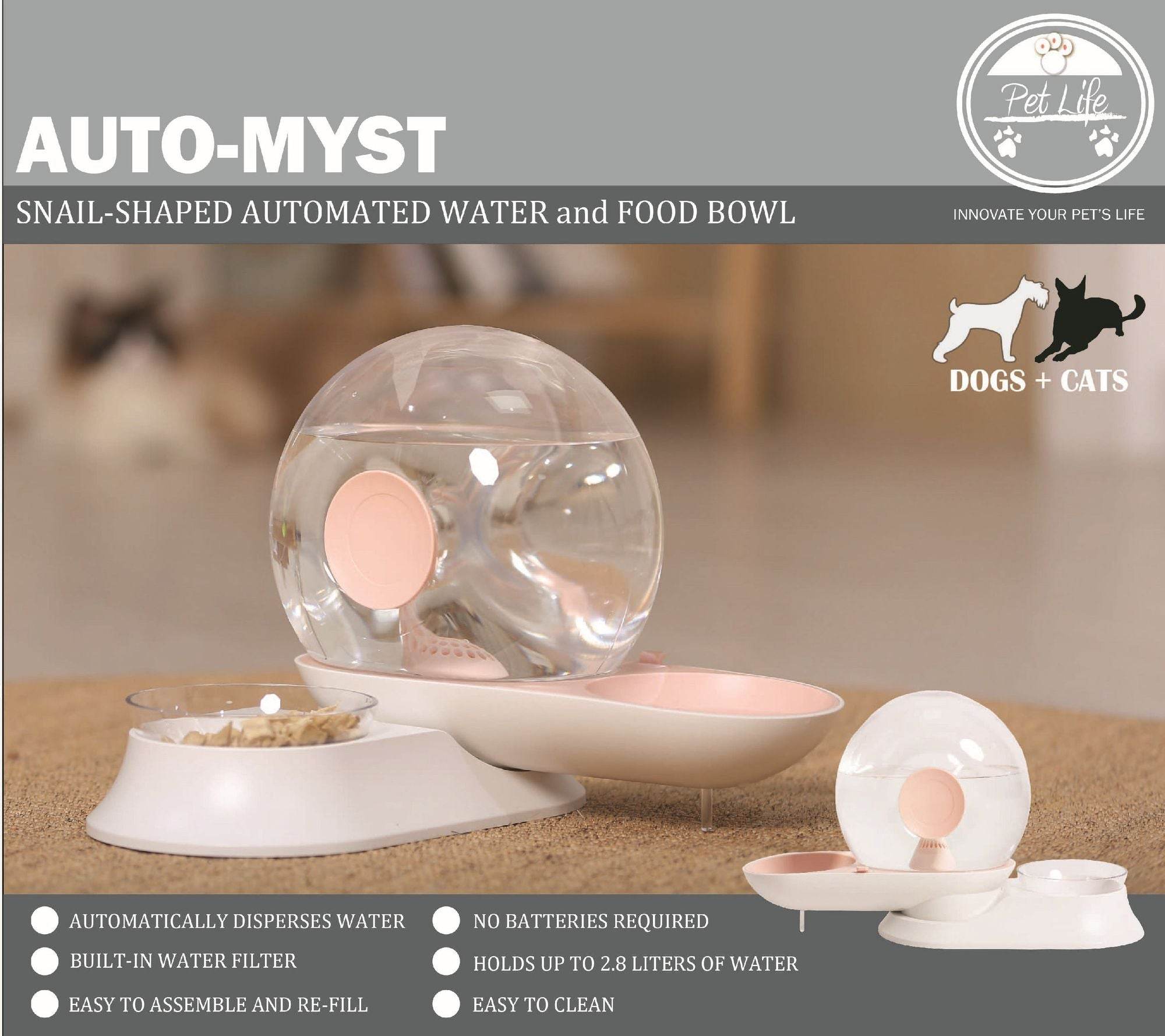 Auto-Myst Automatic Gravity Pet Water Dispenser - 2-in-1 Filtered Water & Food Bowl System with 2.8L Capacity