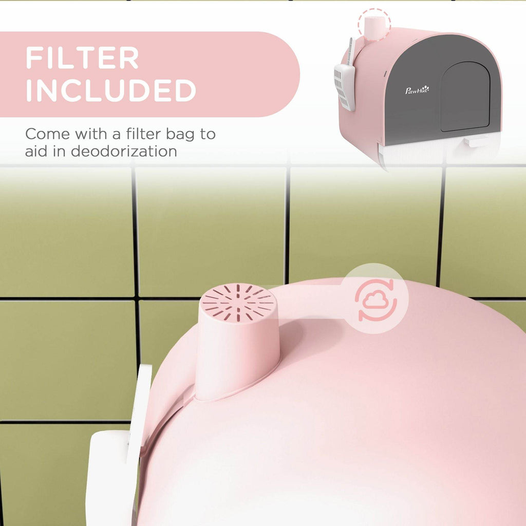 Pink Covered Cat Litter Box with Odor Filter - Complete Privacy Kit with Tray, Scoop & Mat | Compact Hooded Litter House