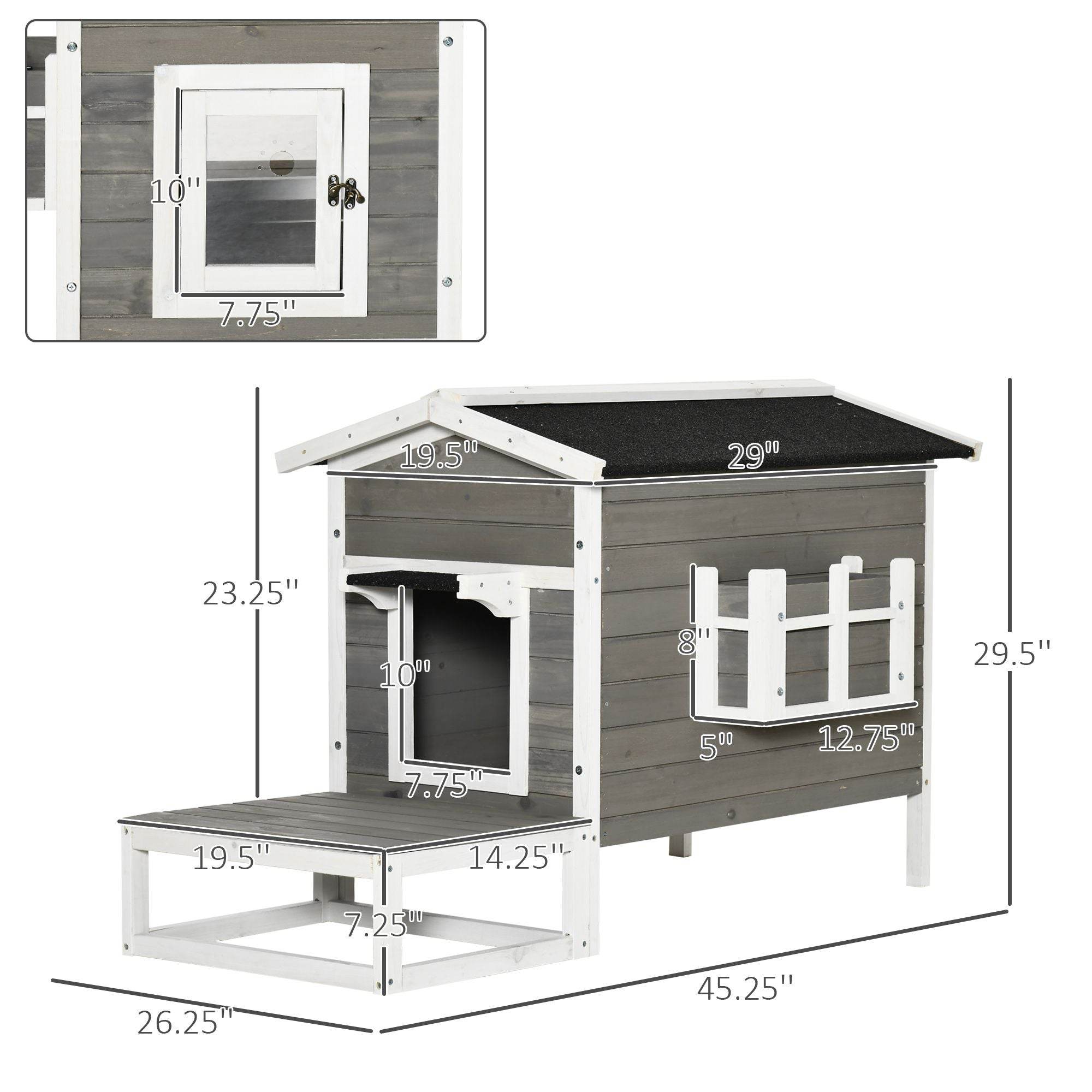 Weatherproof Outdoor Cat House with Porch & Escape Door - Feral Cat Shelter with Plant Stand | Dark Grey/White Wood Construction