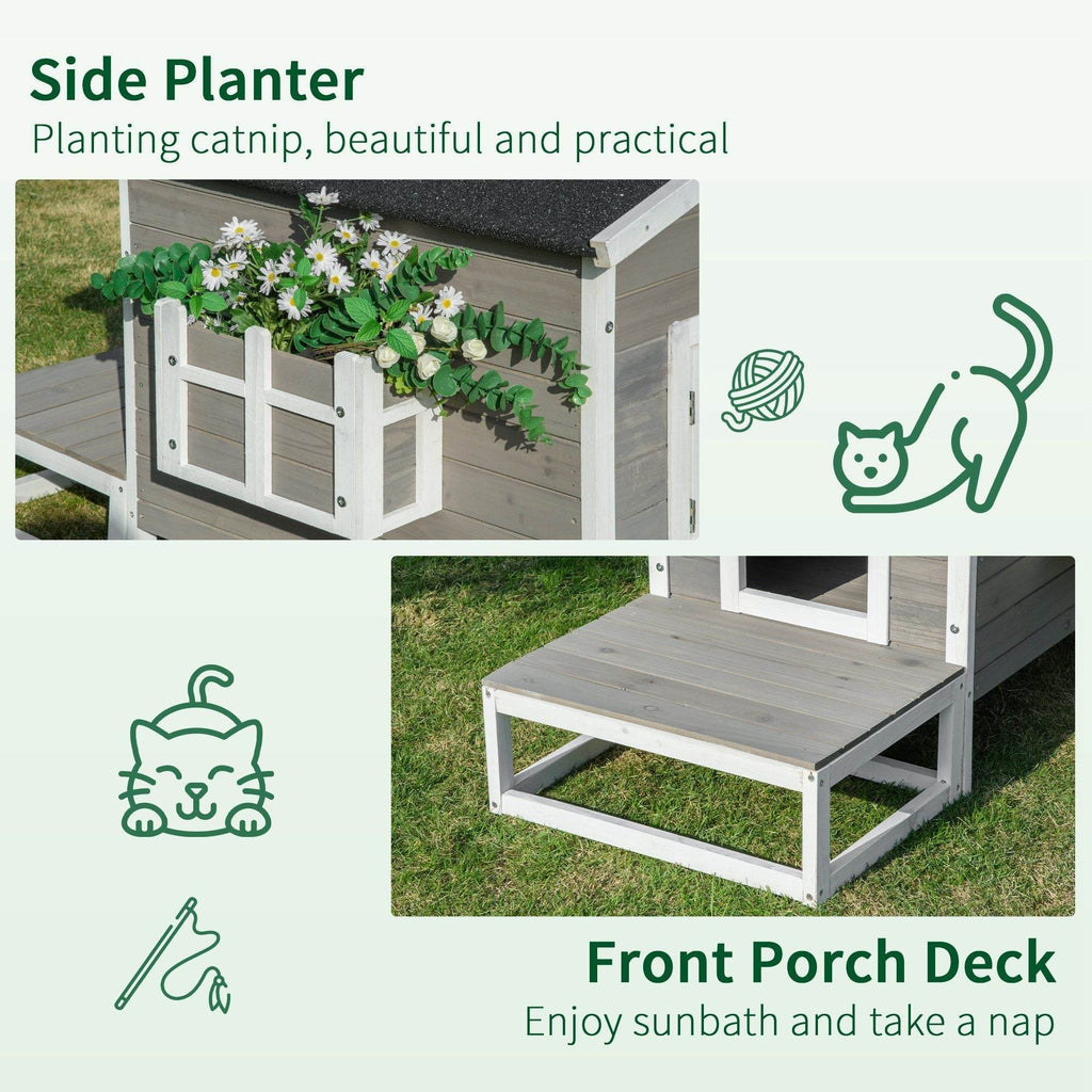 Weatherproof Outdoor Cat House with Porch & Escape Door - Feral Cat Shelter with Plant Stand | Dark Grey/White Wood Construction