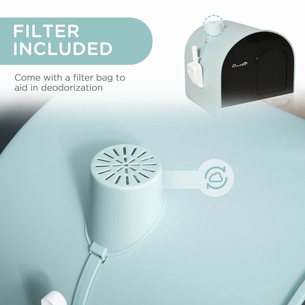 Covered Cat Litter Box with Odor Filter - Complete Privacy Kit with Tray, Scoop & Mat | Green Hooded Litter House