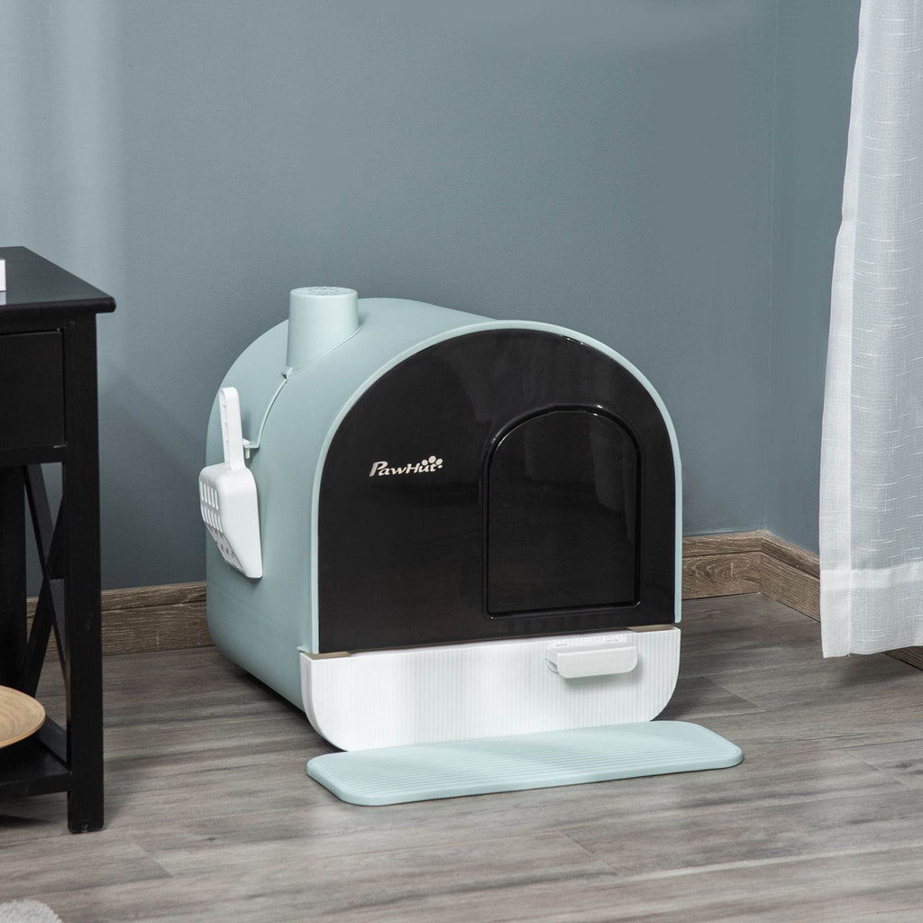 Covered Cat Litter Box with Odor Filter - Complete Privacy Kit with Tray, Scoop & Mat | Green Hooded Litter House