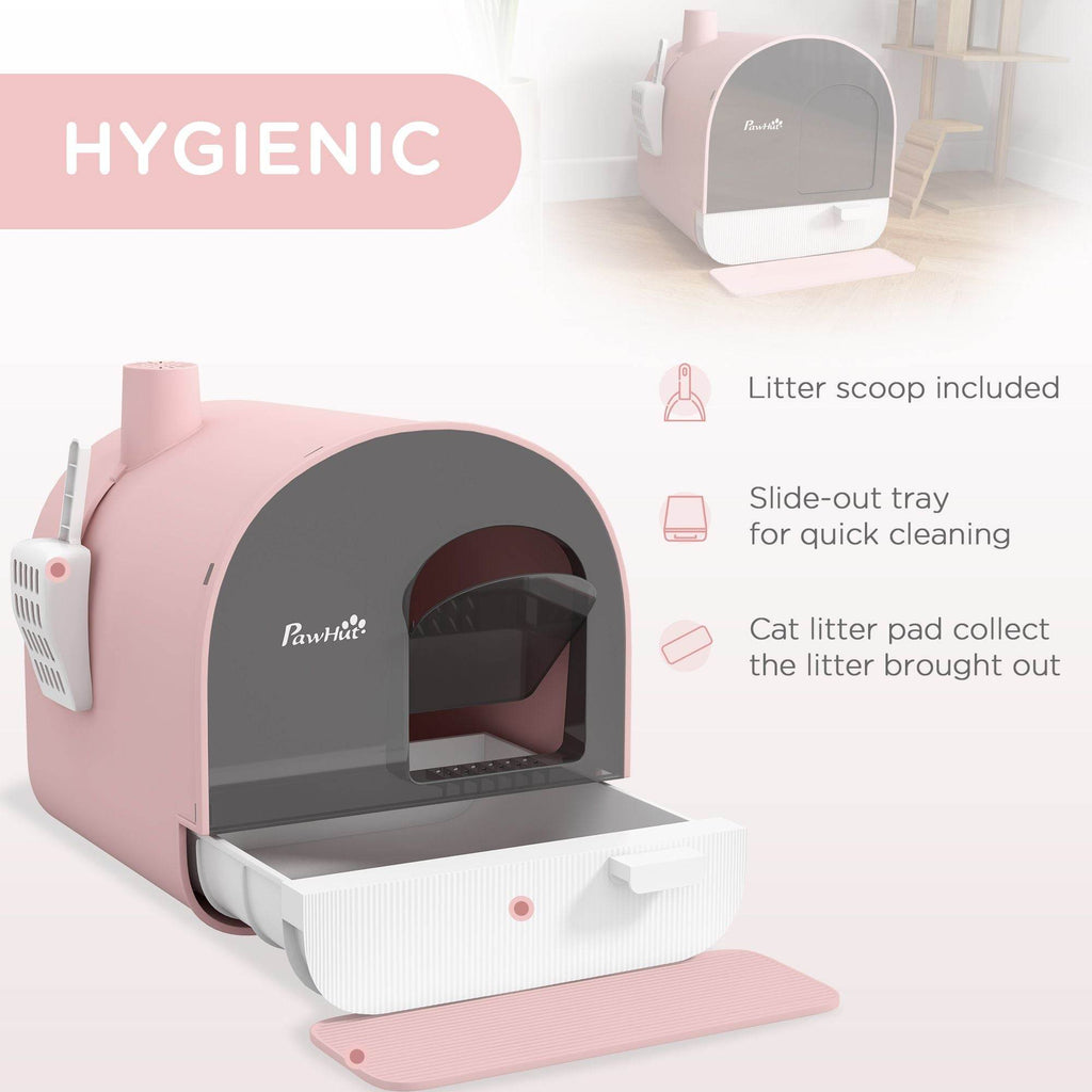 Pink Covered Cat Litter Box with Odor Filter - Complete Privacy Kit with Tray, Scoop & Mat | Compact Hooded Litter House