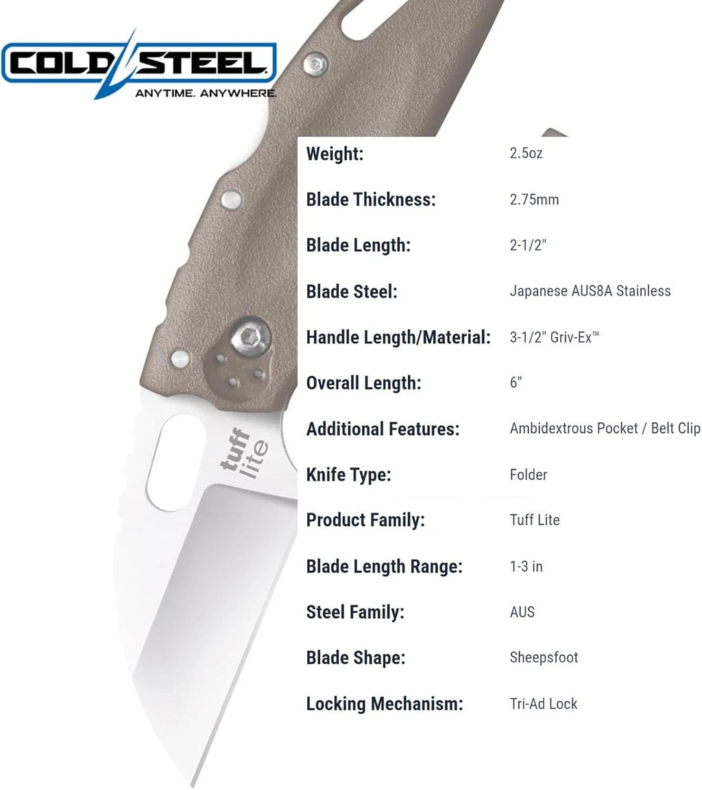 COLD STEEL Tuff Lite 2.5" AUS8A Sheepsfoot Razor-Sharp Plain Blade 3.5" Griv-Ex