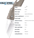 COLD STEEL Tuff Lite 2.5" AUS8A Sheepsfoot Razor-Sharp Plain Blade 3.5" Griv-Ex