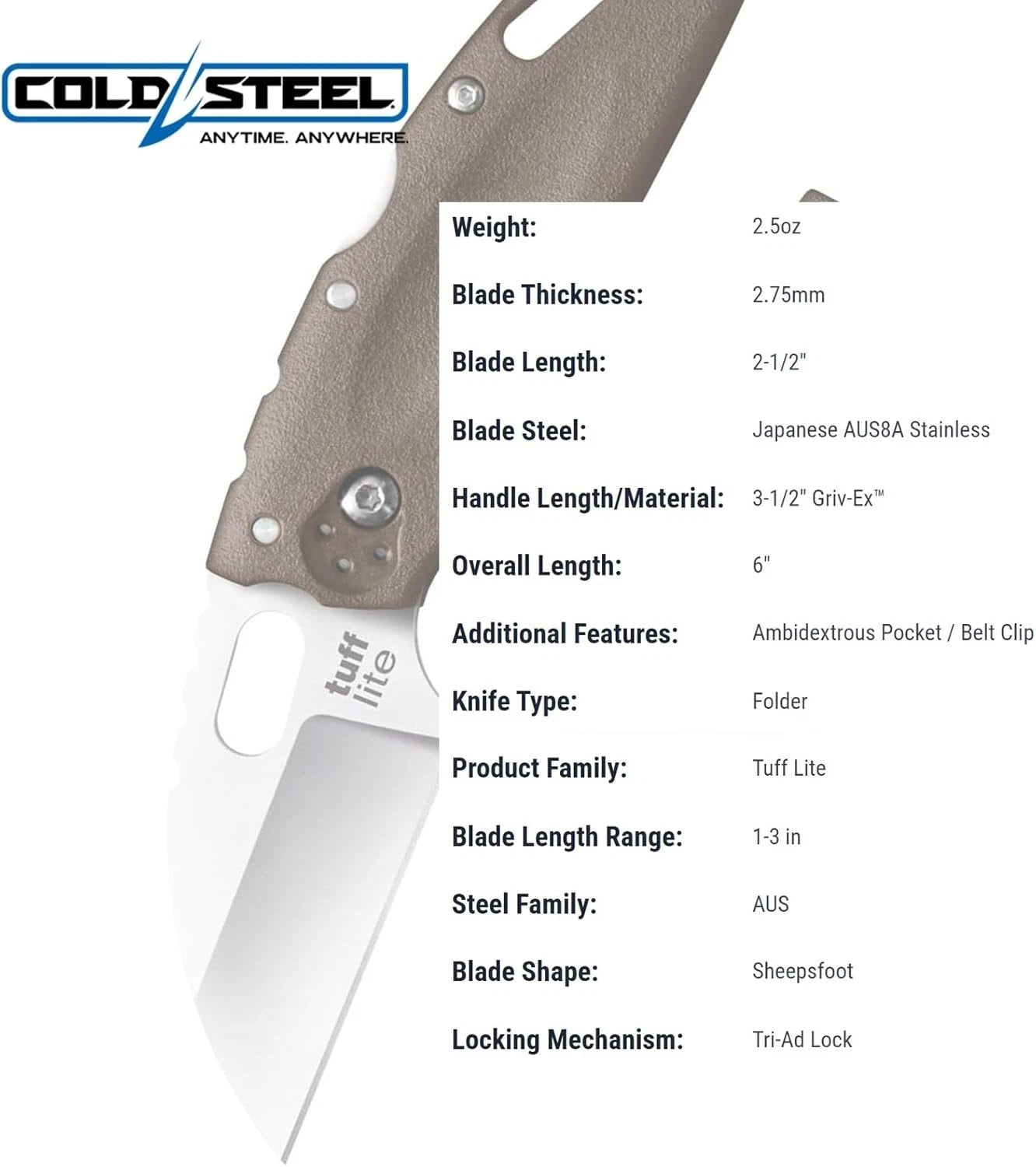 COLD STEEL Tuff Lite 2.5" AUS8A Sheepsfoot Razor-Sharp Plain Blade 3.5" Griv-Ex